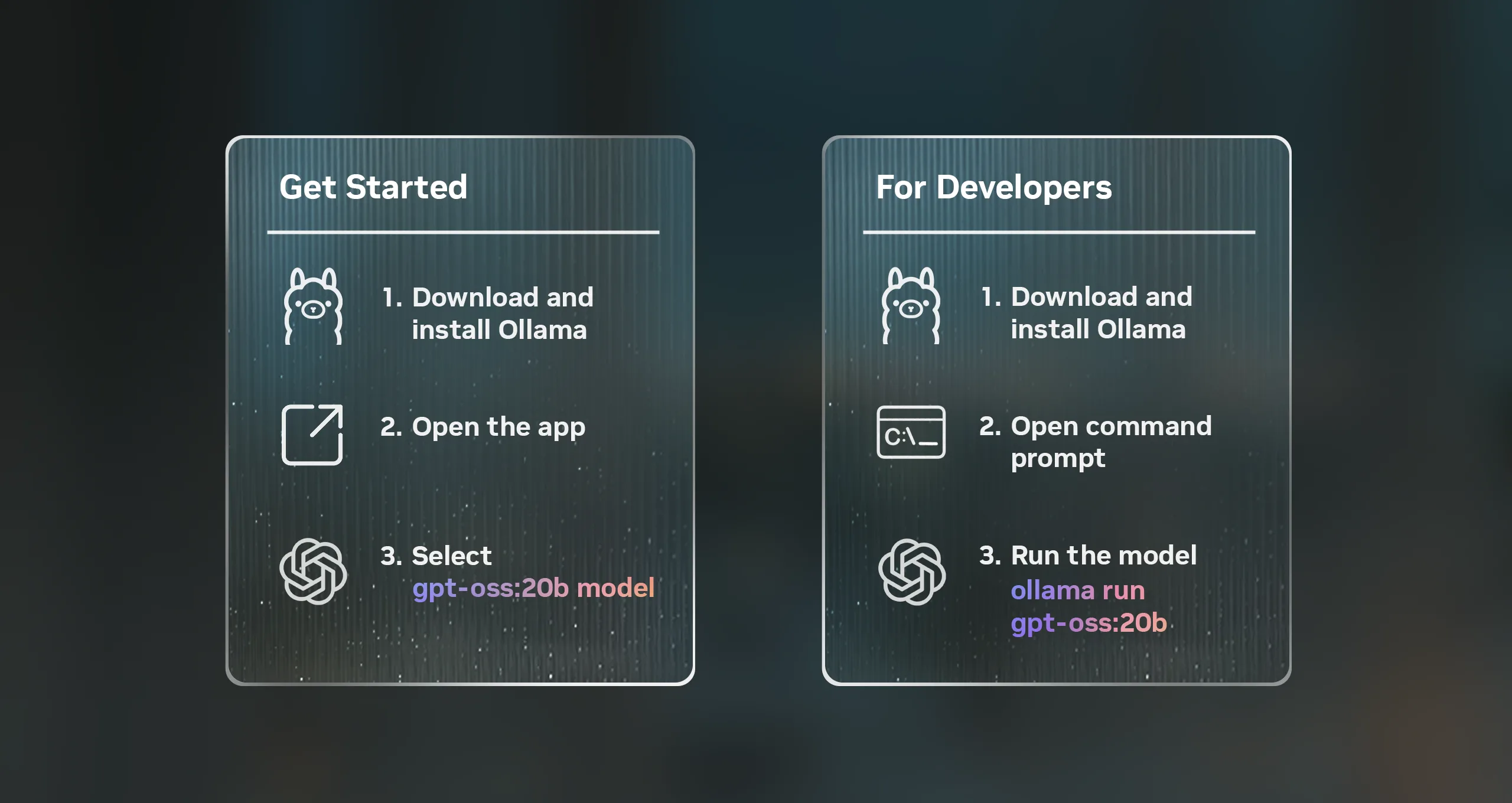 rtx-ai-garage-3-steps-20b-1-png The graphic shows two columns. The first column shows how to install and run the Ollama application. The second graphic shows how to run Ollama on the command line with the gpt-oss-120b model .