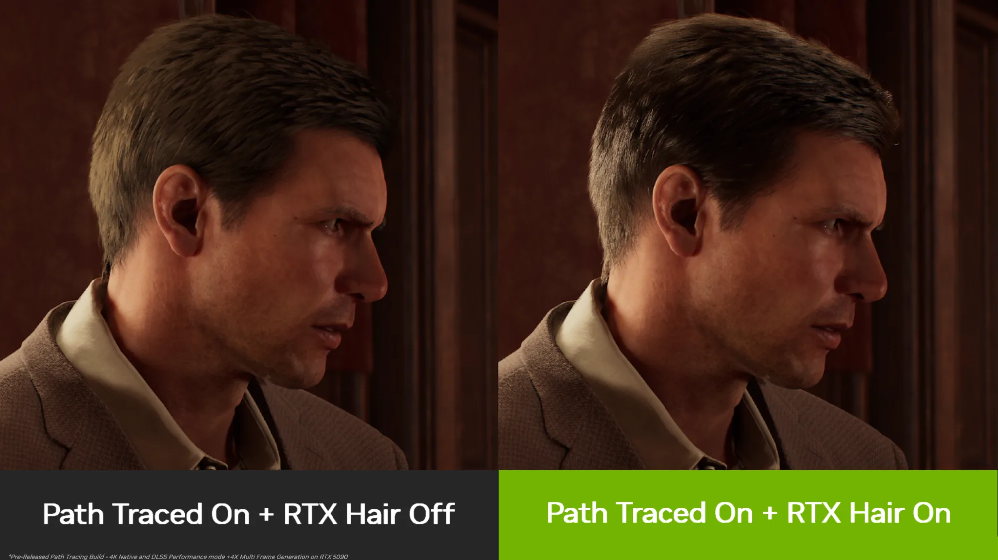 rtx-hair-example-indiana-jones-great-circle-png Side-by-side images of a man. Image on the left is labeled ‘Path Traced On + RTX Hair Off’.’ Image on the right is labeled ‘Path Traced On + RTX Hair On.’