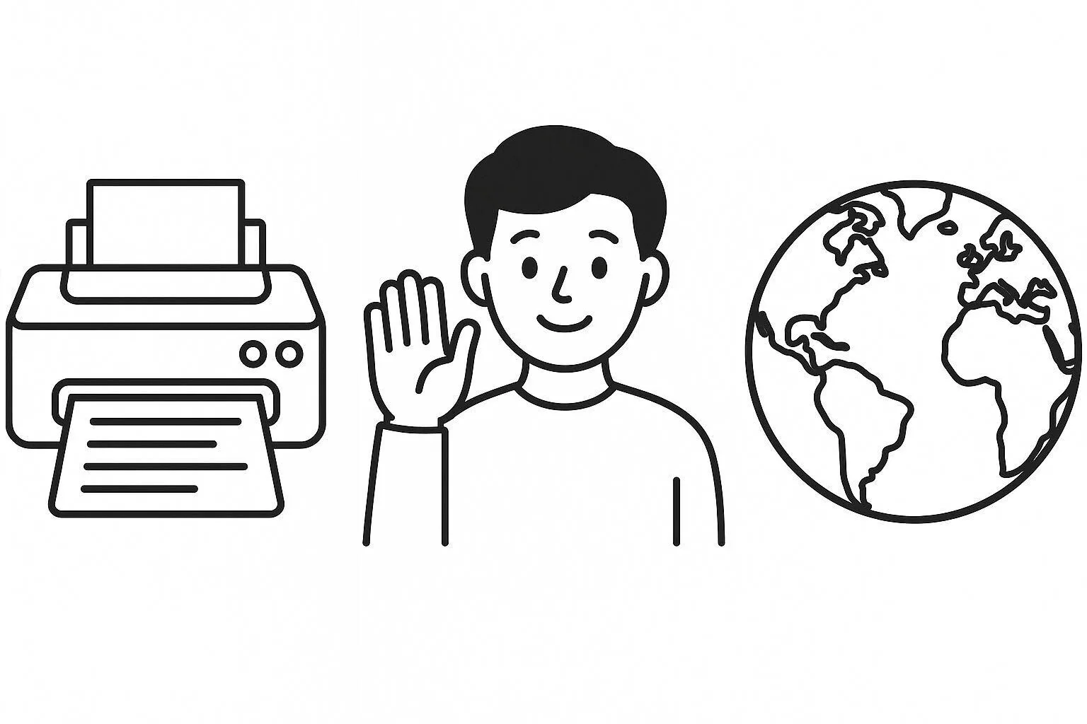 Illustration of a printer, a person waving, and a globe arranged left to right. When interpreted semantically by a multimodal model, this image sequence forms the phrase “print Hello, World” and triggers the generation of the corresponding code without using any textual input.