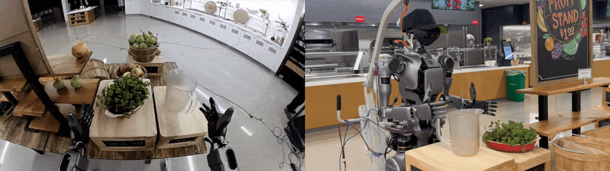 A GIF of a neural trajectory from a humanoid robot’s perspective, and a video of the real robot executing the same task of watering a plant.