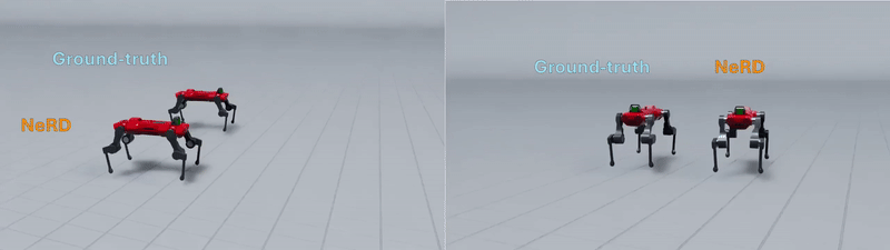 anymal-forward-sideways Two side-by-side images showing how well the NeRD-integrated simulator compares to a classic simulator. In both cases, the robot using the NeRD-integrated simulator shows the same, gait, and speed as the classic simulator.
