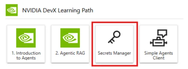 A screenshot of the Secrets Manager tile under NVIDIA DevX Learning Path