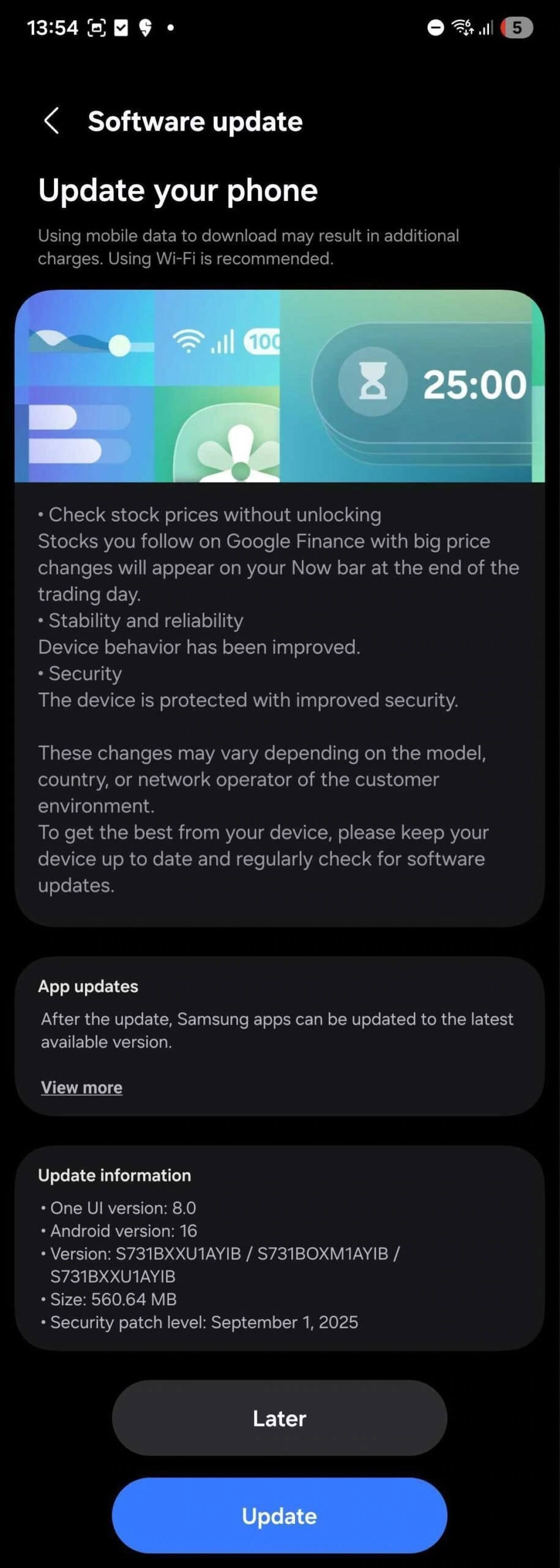 Galaxy S25 FE first software update Now Bar changes