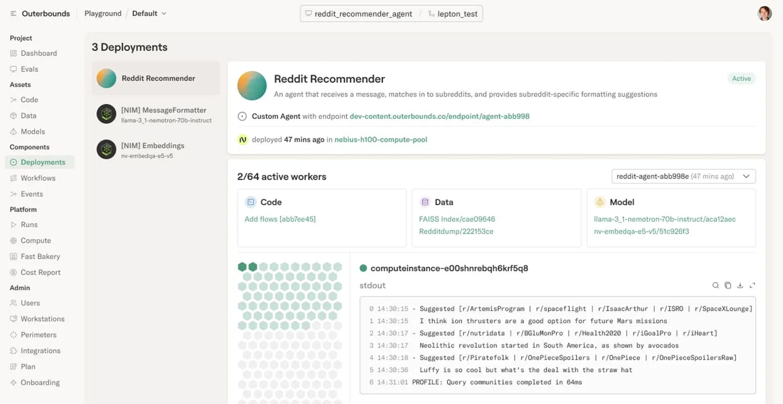 Screenshot of the Outerbounds platform showing the “Reddit Recommender” deployment page. The agent is active and deployed to an NVIDIA H100 GPU compute pool in Nebius, using NVIDIA NIM MessageFormatter and Embeddings models. The interface lists components for Code, Data, and Model, along with 2/64 active workers. A console log displays recent subreddit suggestions for example prompts, such as recommending r/ArtemisProgram, r/Spaceflight, and r/IsaacArthur for a Mars ion thruster discussion. The left sidebar contains navigation links for project assets, components, deployments, workflows, and platform settings.