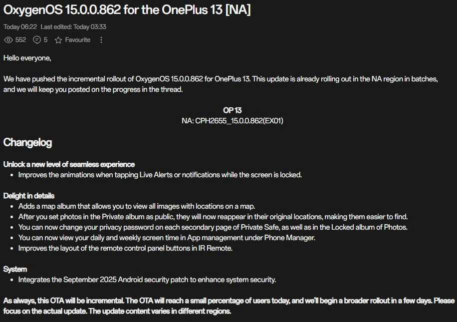 OnePlus 13 September 2025 US update