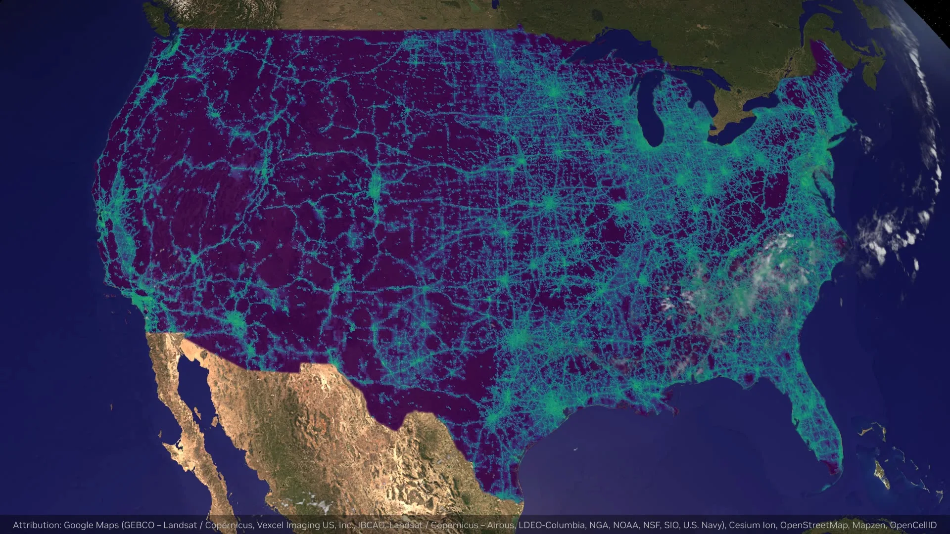 This video shows a radio coverage map of the US, highlighting areas of strong signal density in bright blue-green, with major highways and cities forming an interconnected network.