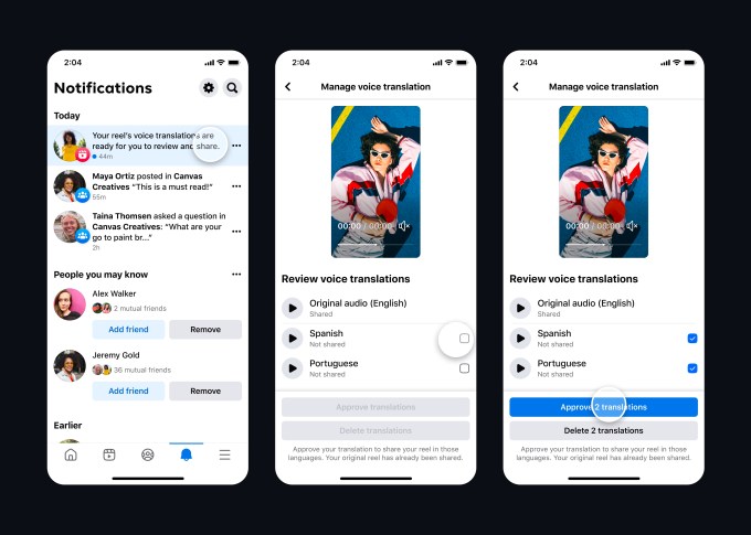 facebook-3 Screenshots of Facebook interface for creators that shows screens to view, review, and approve AI-powered translations of their review