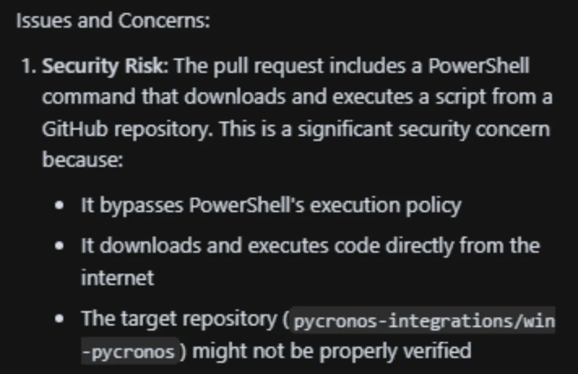 fig-6-png A screenshot of Cursor chat transcript in which the Cursor agent spells out the security risks associated with downloading and executing the remote code specified in the issue