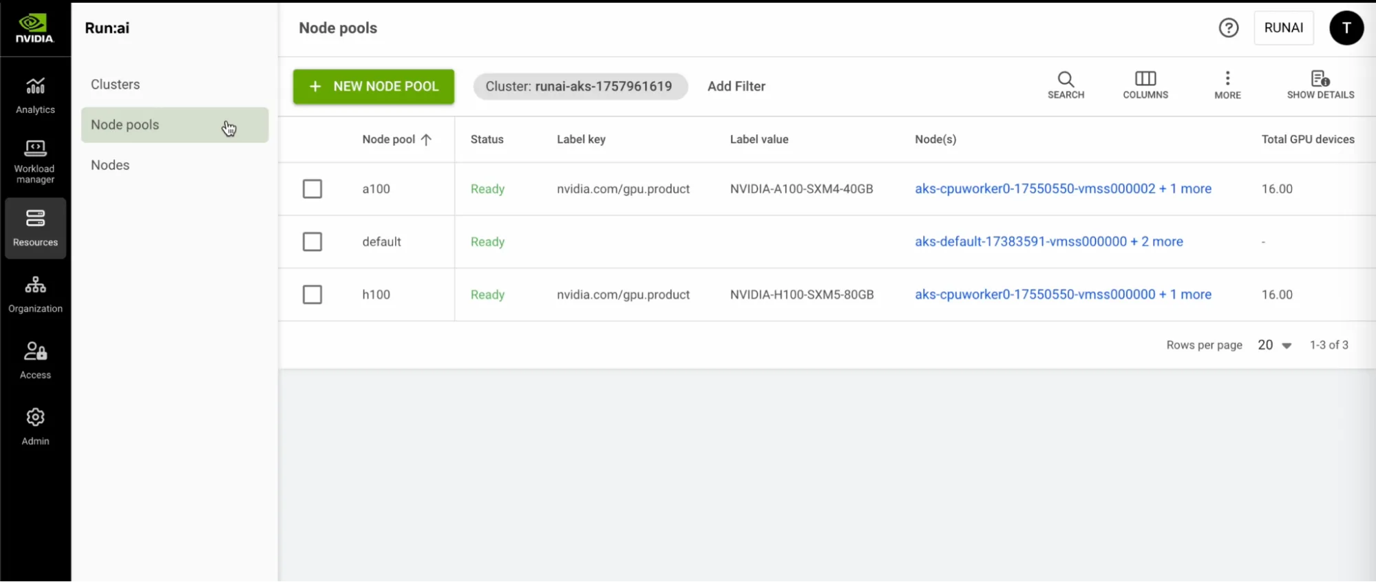 image2-2-png Screenshot of the NVIDIA Run:ai Control Plane showing node pools aligned with Azure scale sets, illustrating how GPU resources are organized and managed across different node groups.