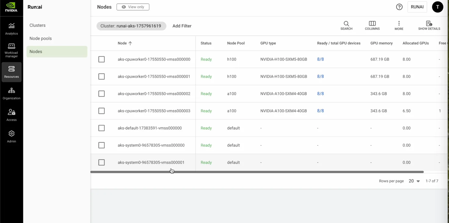 image5-2-png Screenshot of the NVIDIA Run:ai Control Plane displaying AKS cluster nodes equipped with both NVIDIA H100 and A100 GPUs