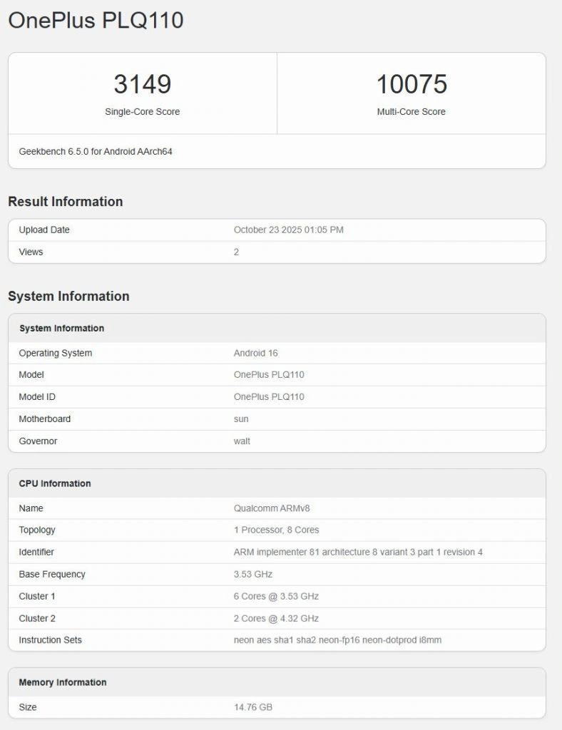 OnePlus Ace 6 Geekbench