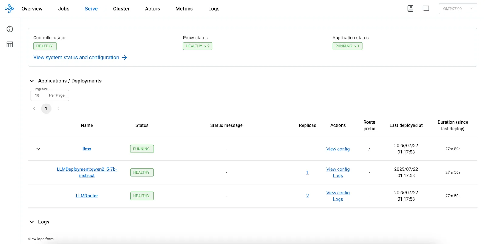 A screenshot of Ray dashboard, where users can see the status of their workloads.