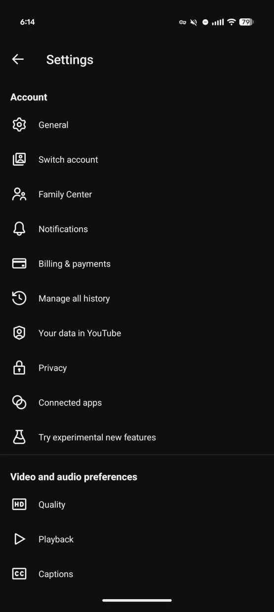 YouTube settings menu
