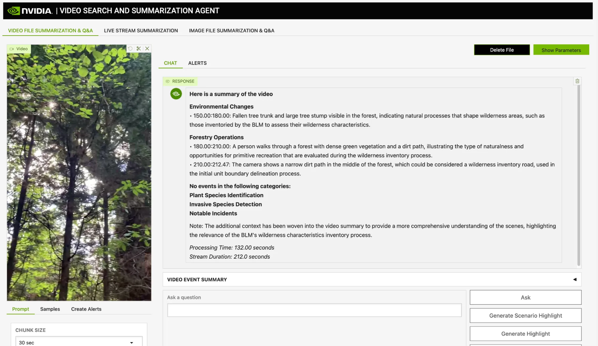 cloudian-vss-rag-png Annotated summary of a forestry video, with bullet points describing fallen trees, dense vegetation, and dirt paths. The notes highlight how VSS and RAG Blueprints enrich scene understanding with BLM wilderness inventory criteria, and show invasive species were detected.