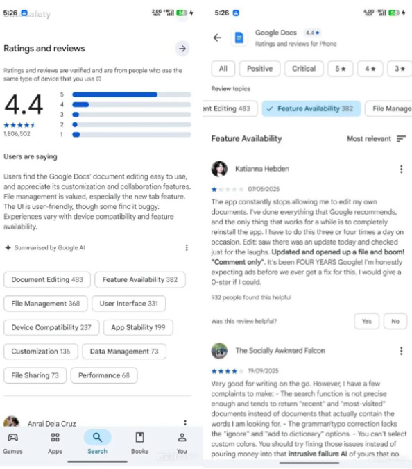 google play store ai review–summaries