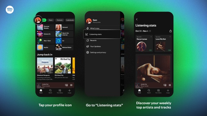 listening-stats A series of screenshots showing Spotify's new listening stats feature.