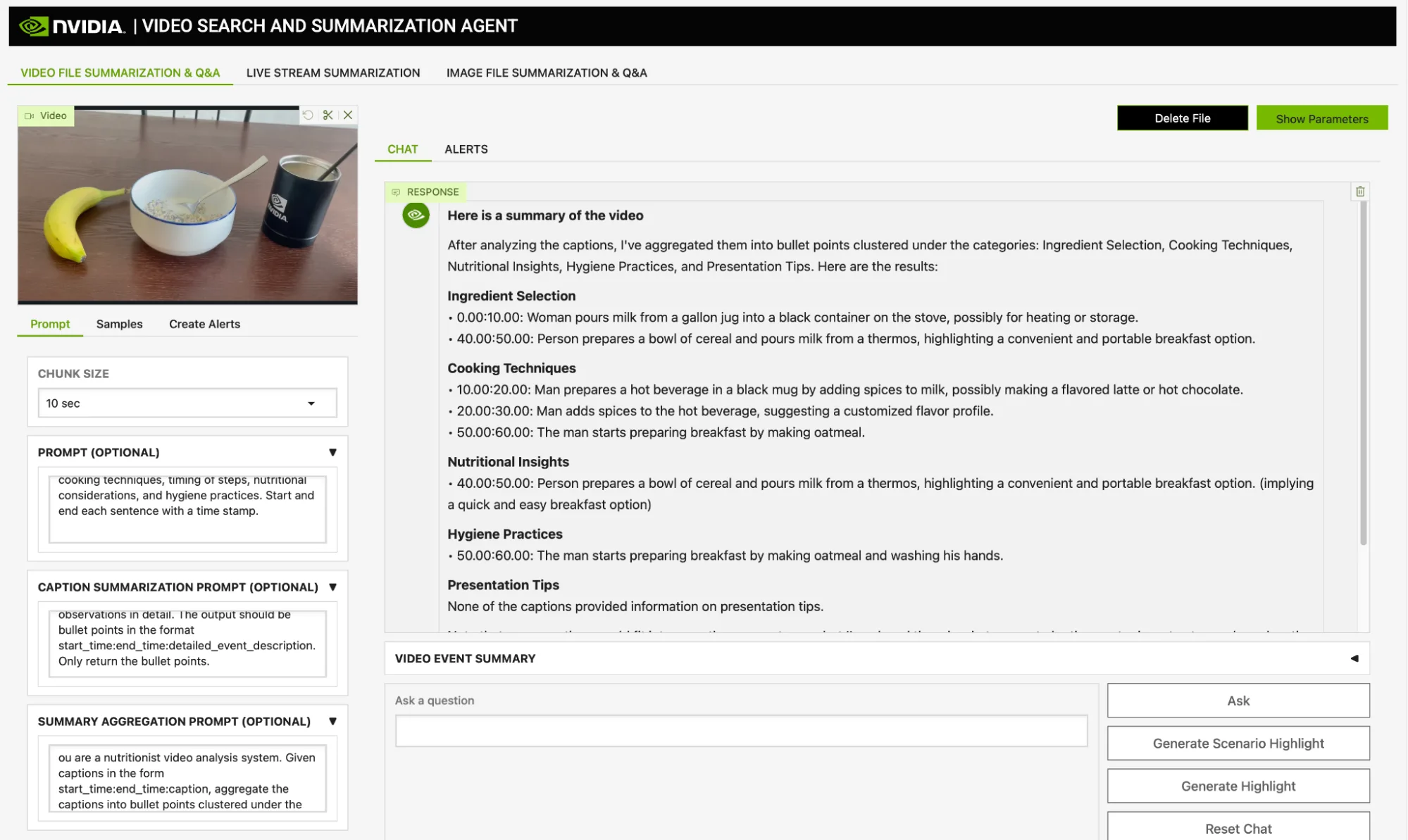 vss-breakfast-prep-1-png Figure 1 shows a bullet-point summary of a breakfast video, with categories for ingredient selection, cooking techniques, nutritional insights, hygiene practices, and presentation tips. The entries are factual descriptions of observed actions, such as pouring milk and making oatmeal