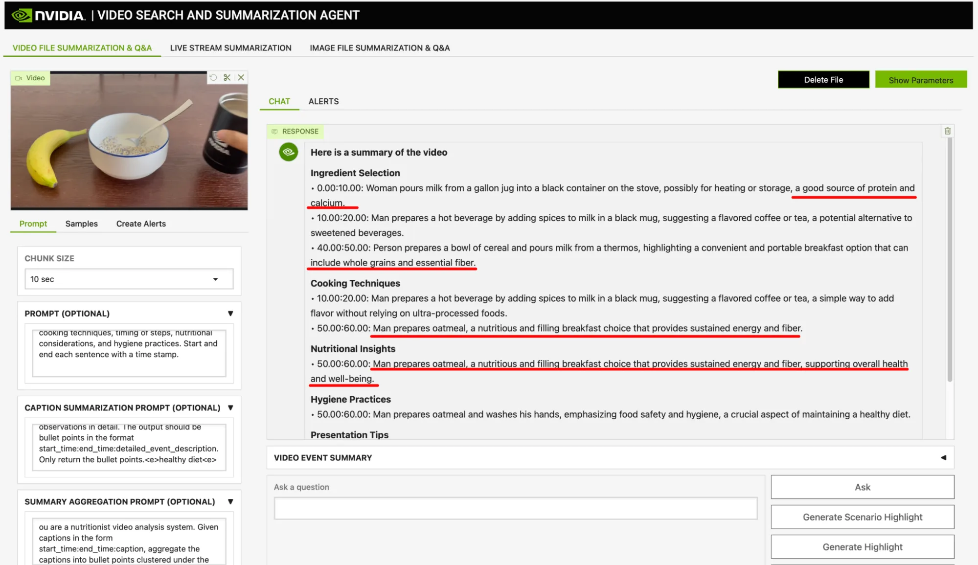 vss-summary-1-png A bullet-point summary of the same breakfast video, but with added context from external nutritional sources. The entries include the health benefits of particular foods, the importance of hygiene, and practical advice for making nutritious choices, such as choosing whole grains and highlighting the protein and calcium in milk.